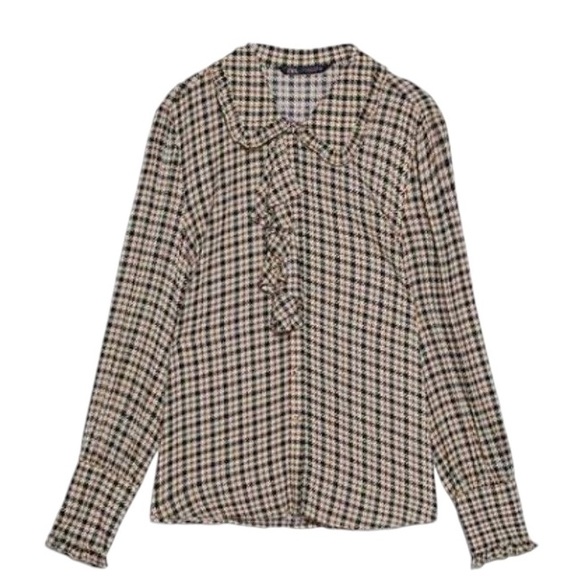 Zara Houndstooth Print Ruffle Peter Pan Collar Button Down Blouse - M - Picture 3 of 14